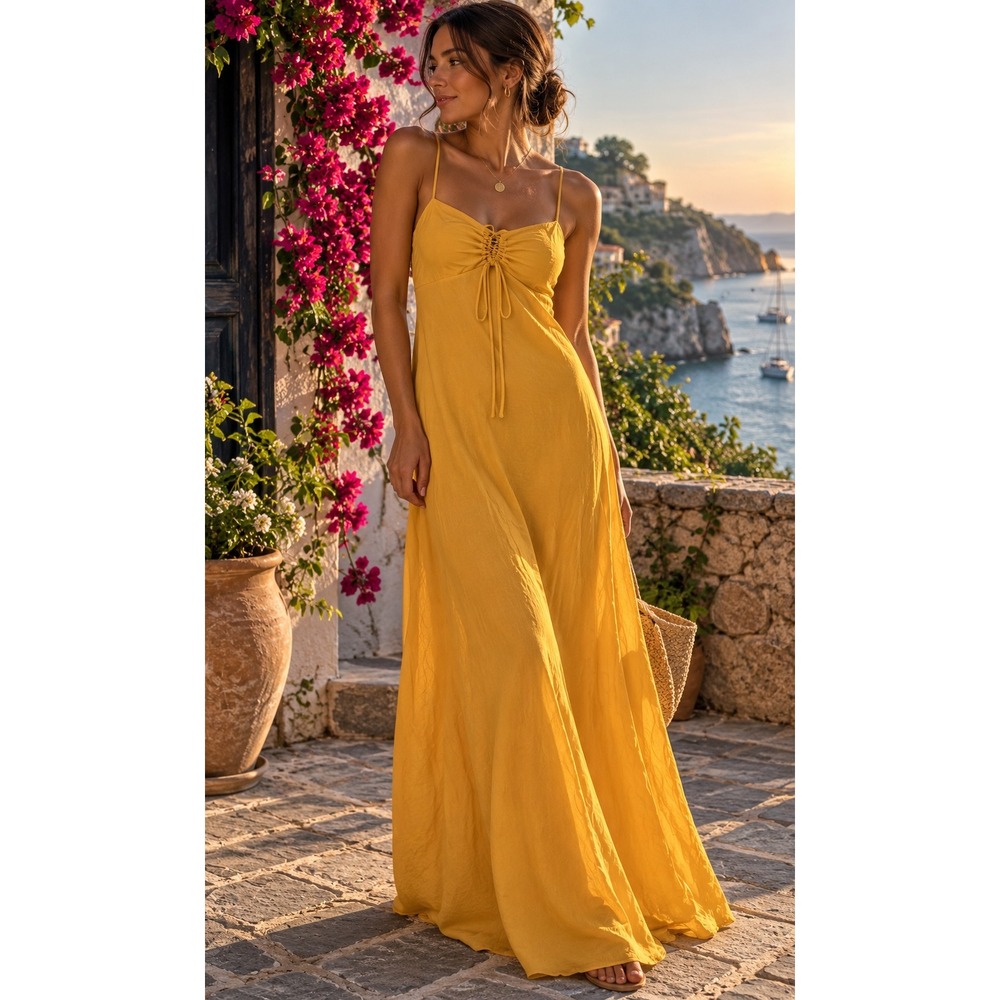 Zara Dress Women Small Yellow Maxi Mediterranean Summer Vacation Boho